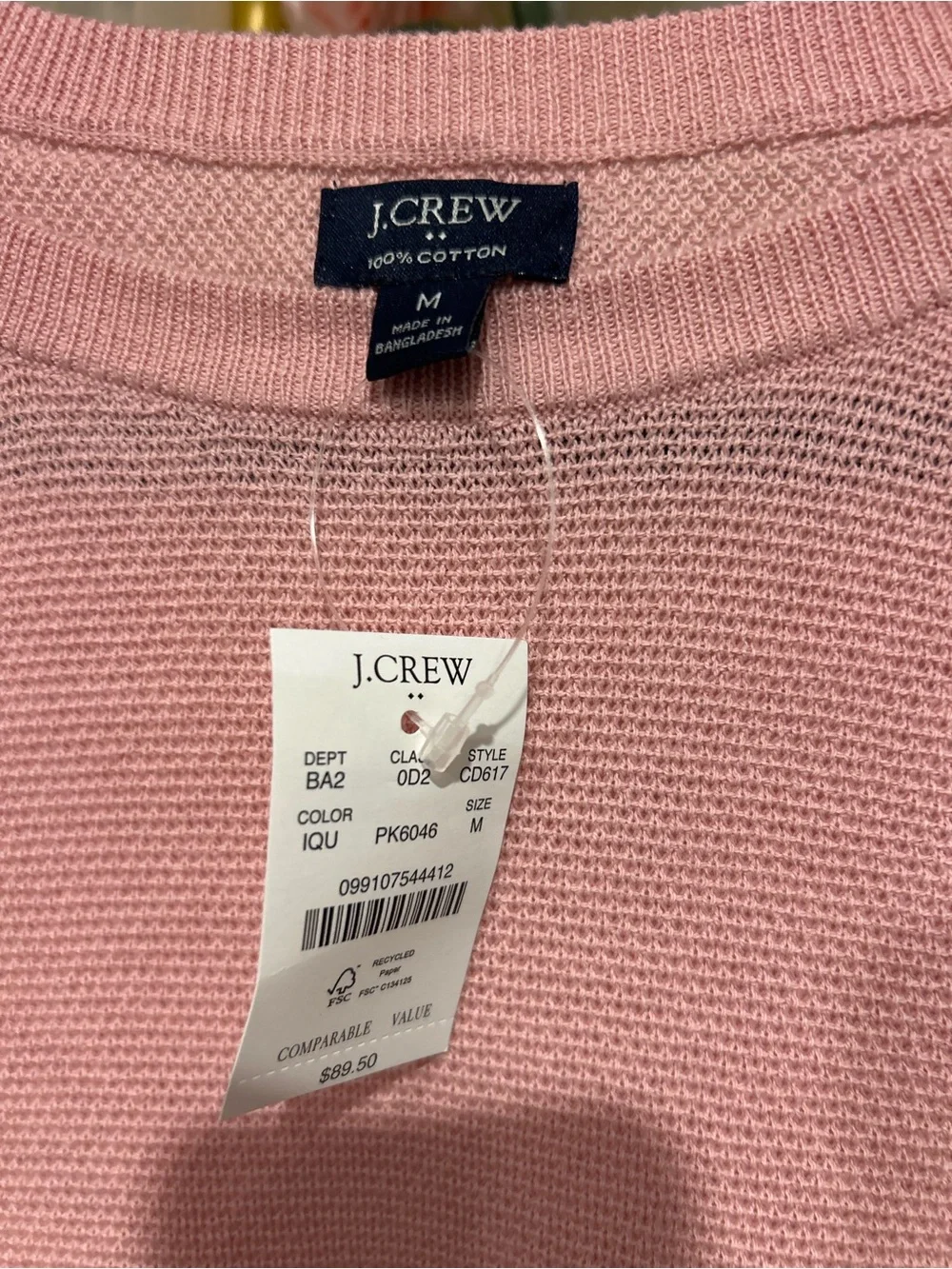J.Crew 100% Cotton Textured Crewneck Sweater Pink NWT Size M